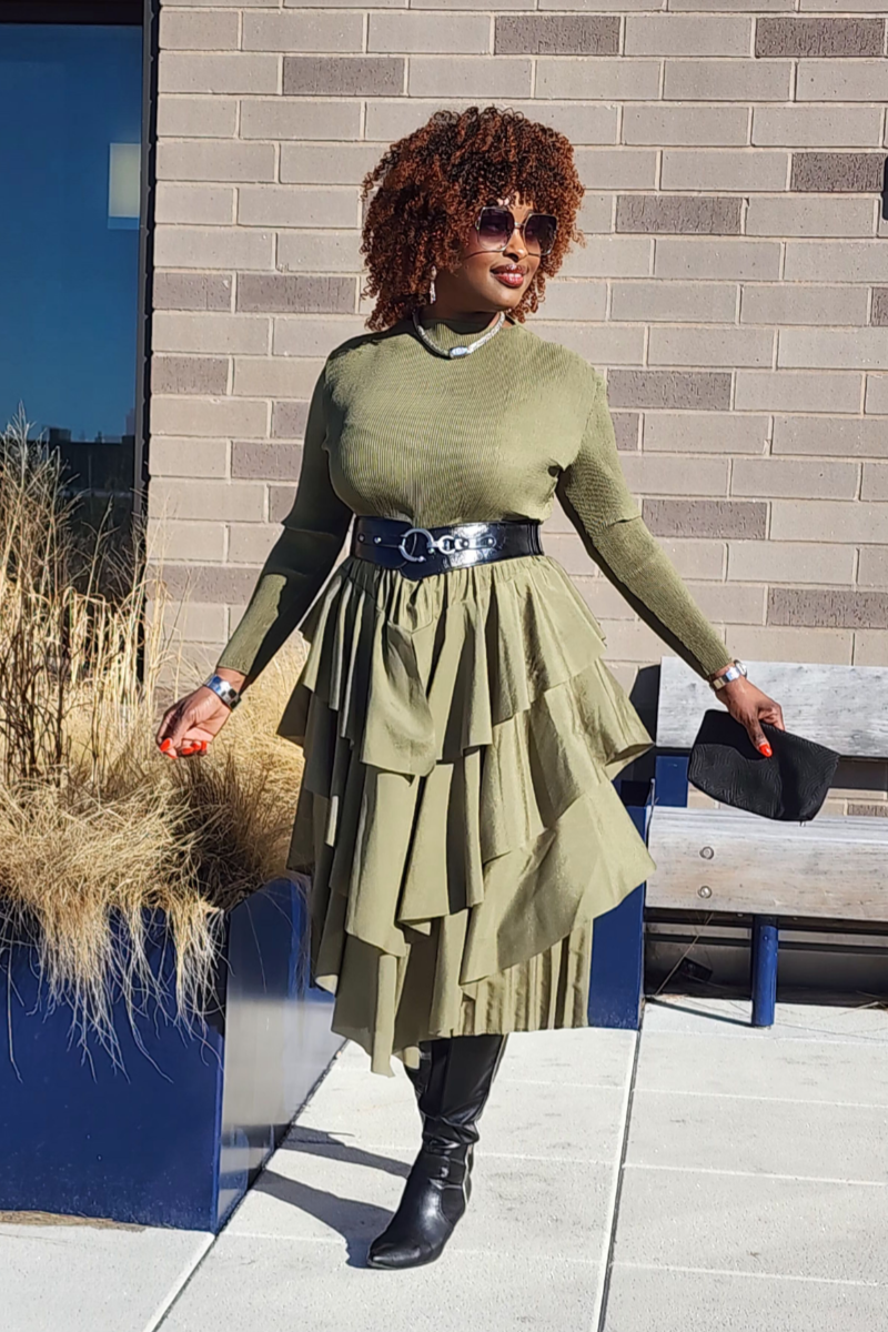 olive green dress black boots Olive greenin faux leather. I actually purchased this gorgeous dress right around when we were pretty much in lock down. It didn't see much action other than the inside of my closet