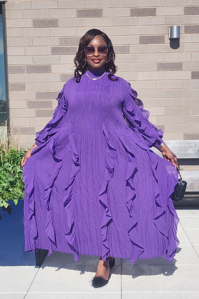 flowy lilac dress ELEGANCE FLOWY/ PURPLE KEYHOLE BUTTON AT BACK COLOR:BLACK/FUCHSIA Formalwear Shop Johanna Ortiz RTW Spring